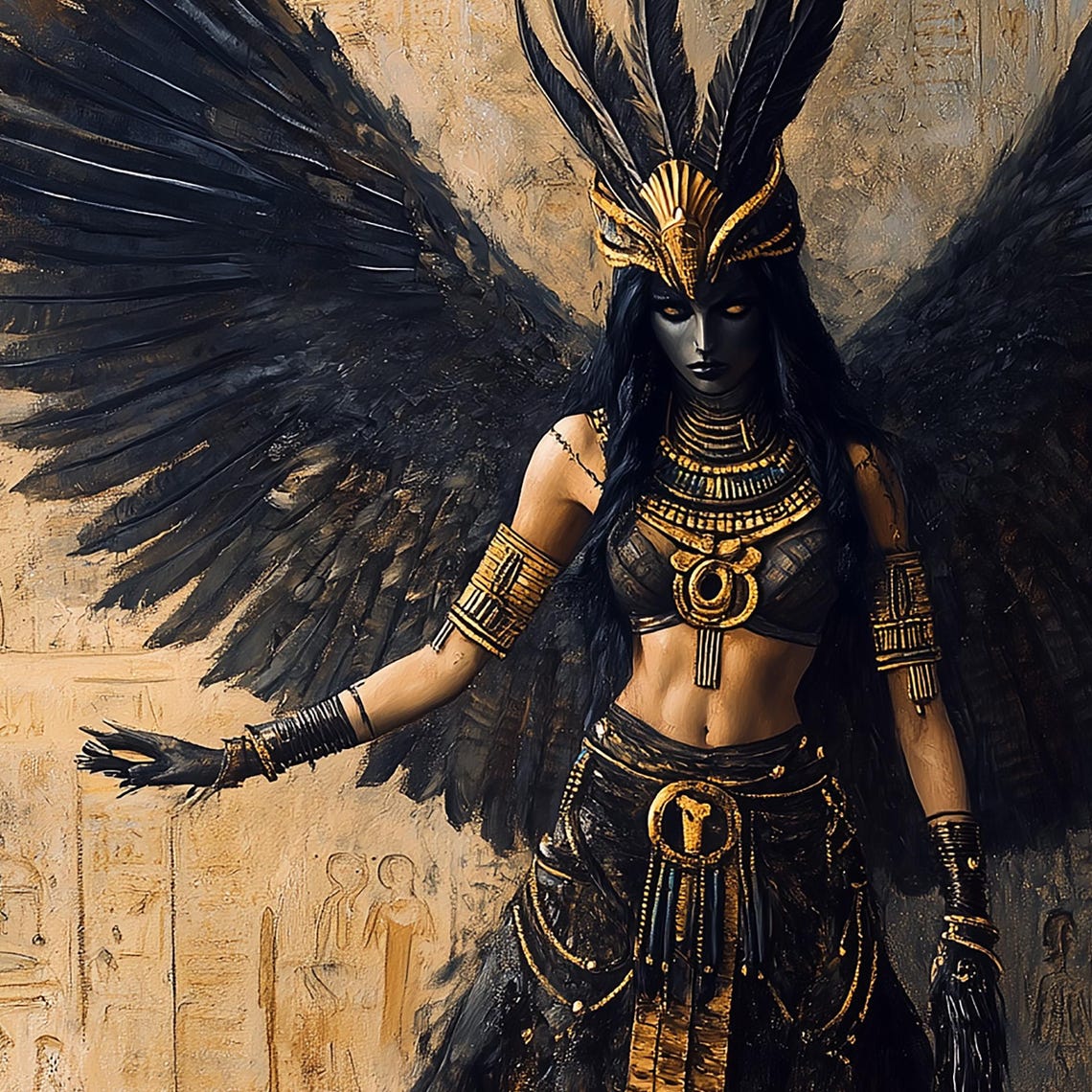 Maat Egyptian Goddess Black Winged Gold Ancient Oil Art Print - Image 7