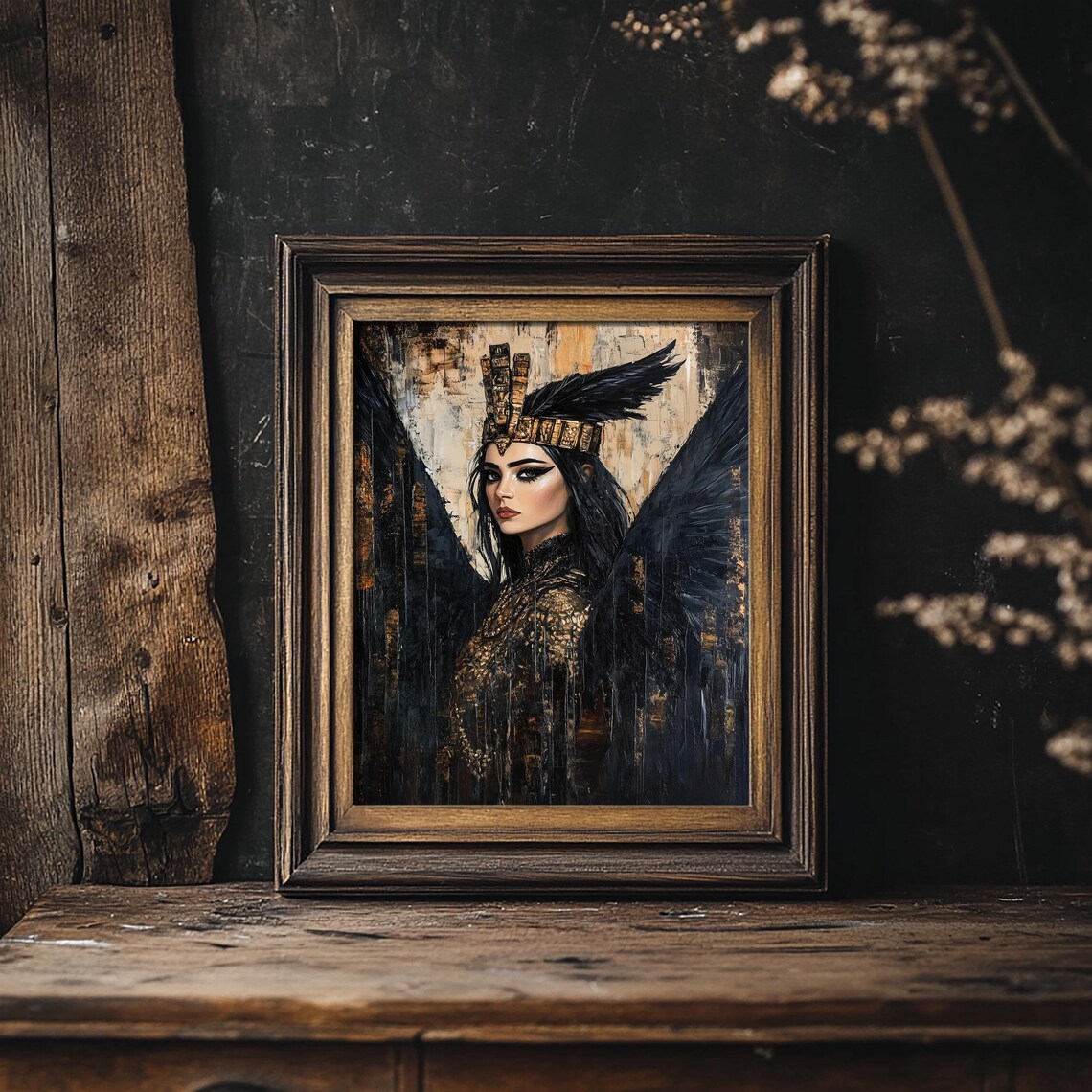 Beautiful Maat Egyptian Goddess Portrait Black Wings Gold Art Print - Image 6