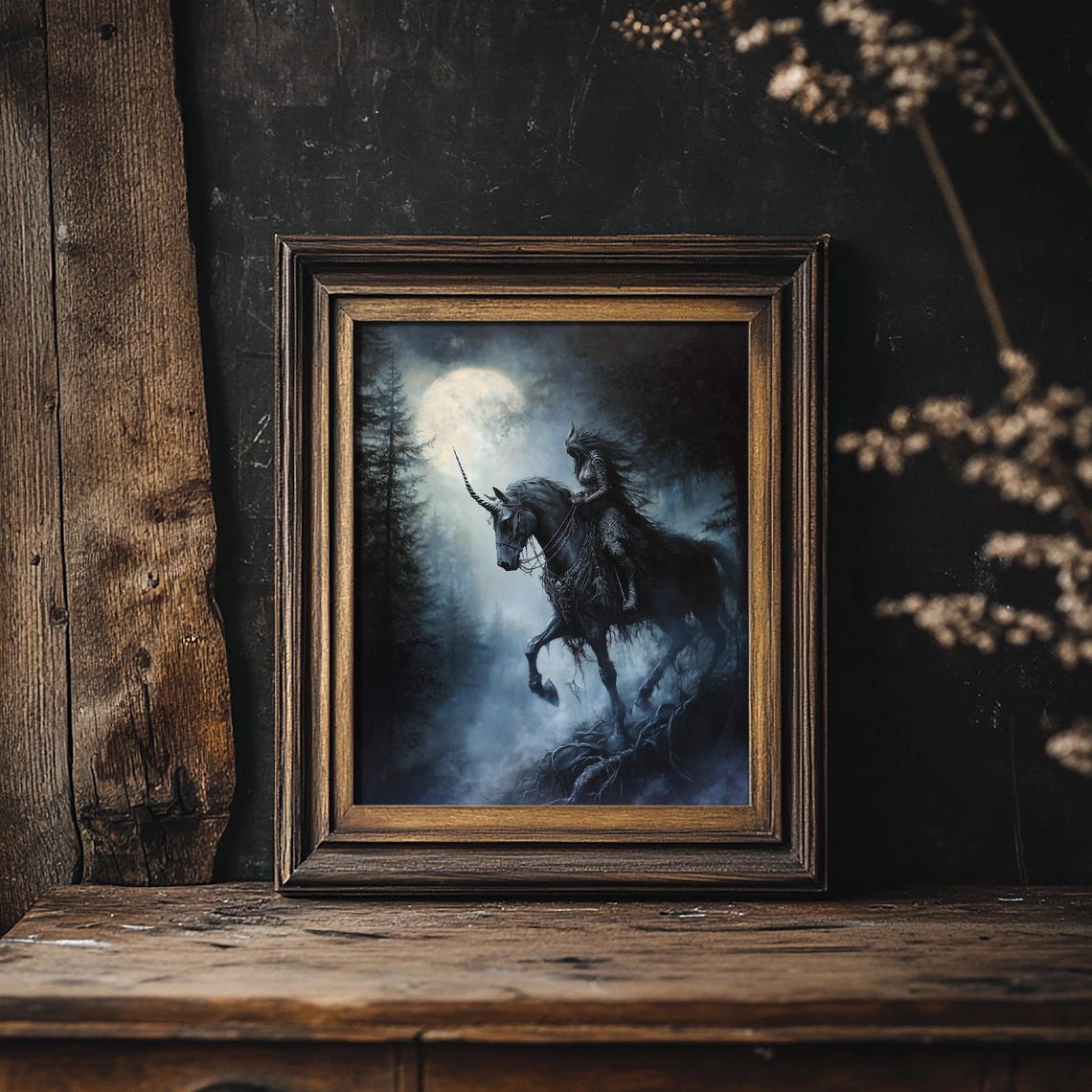 Dark Forest Guardian Riding Black Unicorn Under Full Moon Print - Image 3