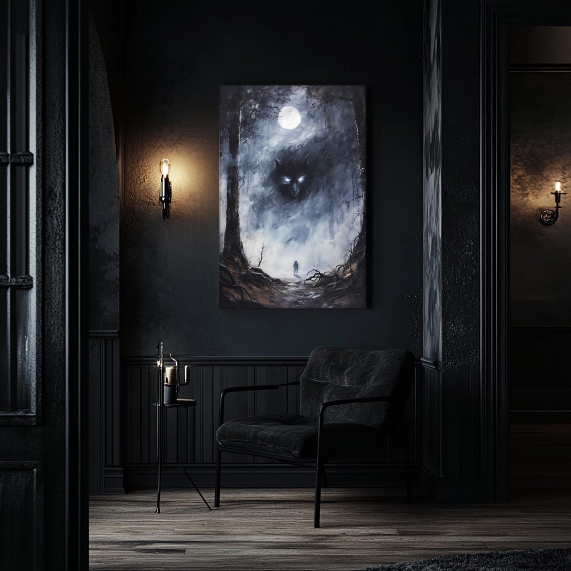 Wolf Spirit Looming Over Wanderer In Misty Moonlit Forest Print - Image 3