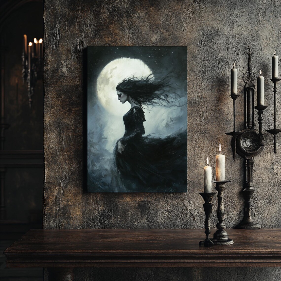 Nyx Goddess Of The Night Full Moon Dark Fantasy Oil Art Print - Image 4