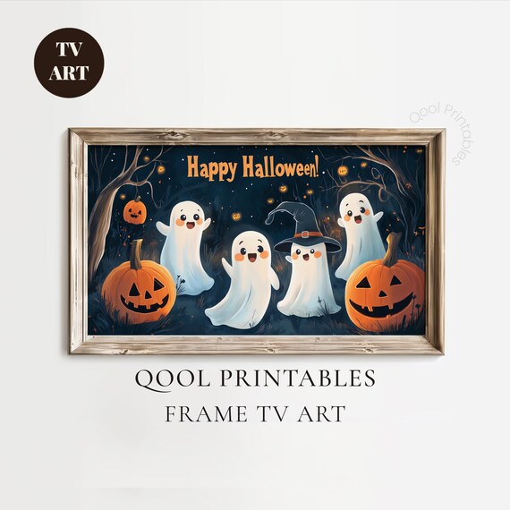 Happy Halloween Cheerful Ghost Friends Pumpkins Forest Wall Art