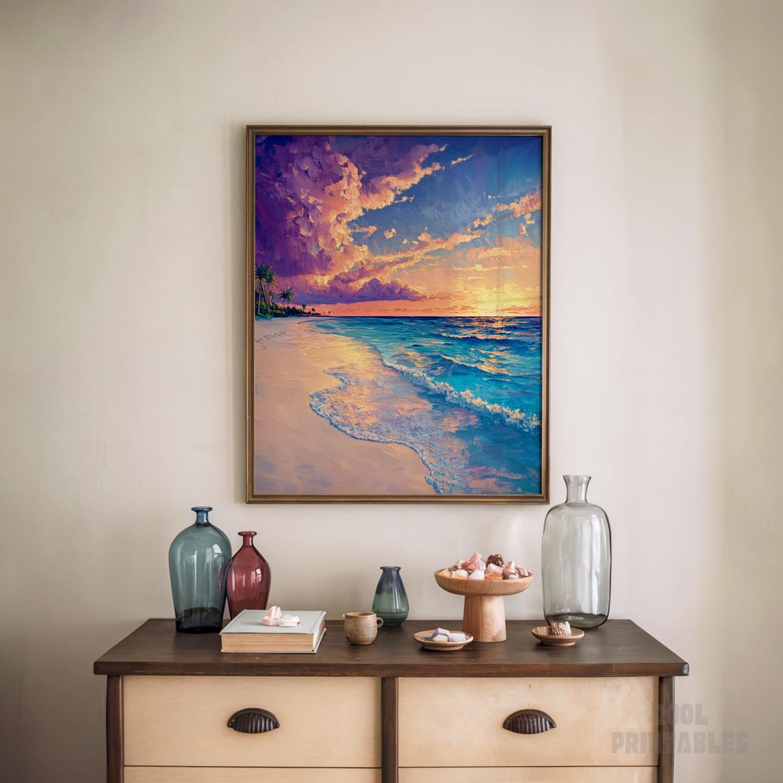 Tropical Beach Sunset Palm Trees Ocean Waves Oil Painting Wall Art