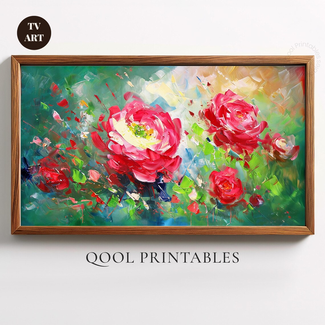 Red Roses Impasto Oil Painting Green Floral Garden TV Wall Art