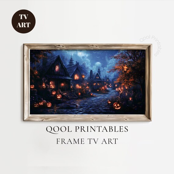 Spooky Halloween Village Night Jack O Lanterns Moonlight Wall Art