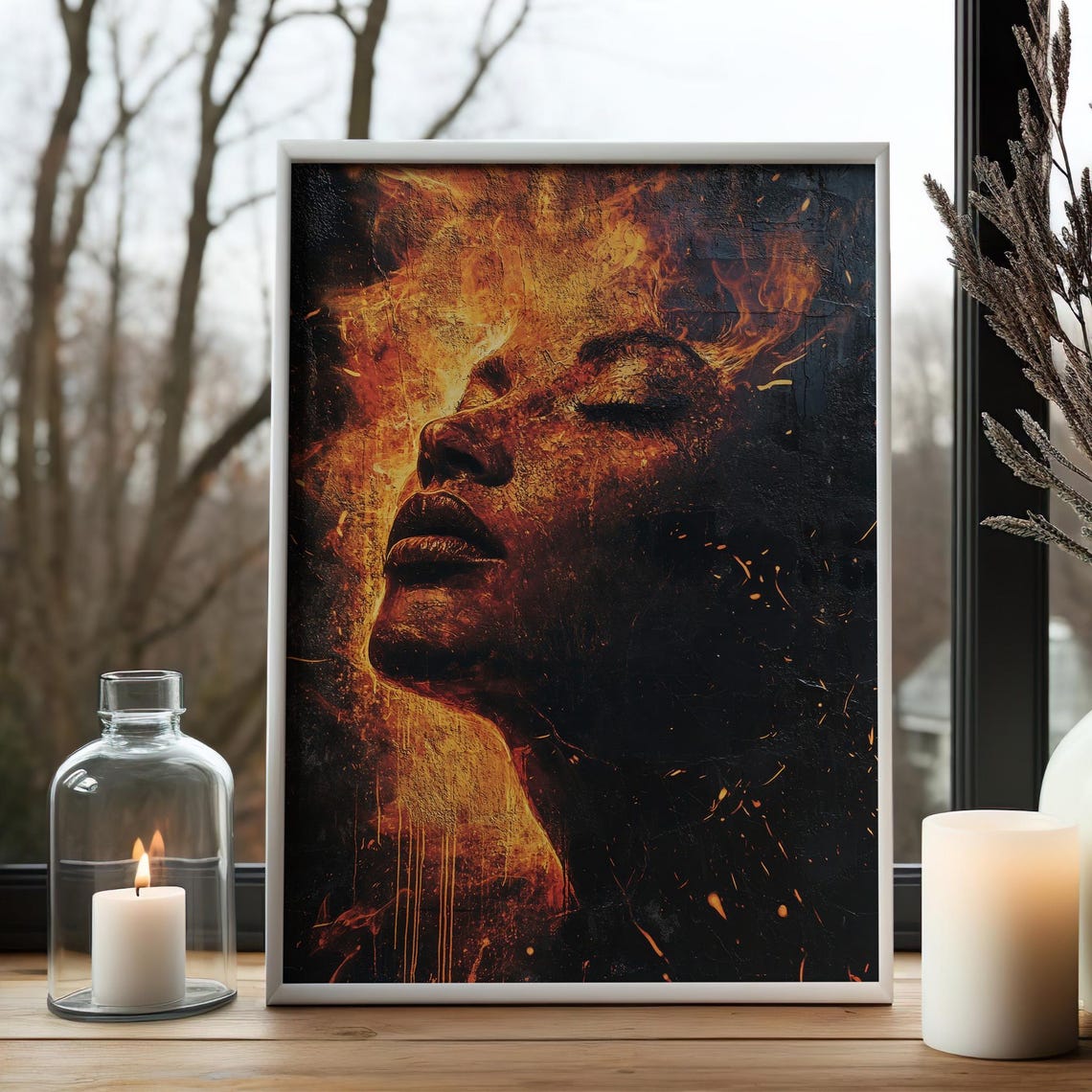Fiery Woman Face Rising Flames Ember Surreal Power Art Poster