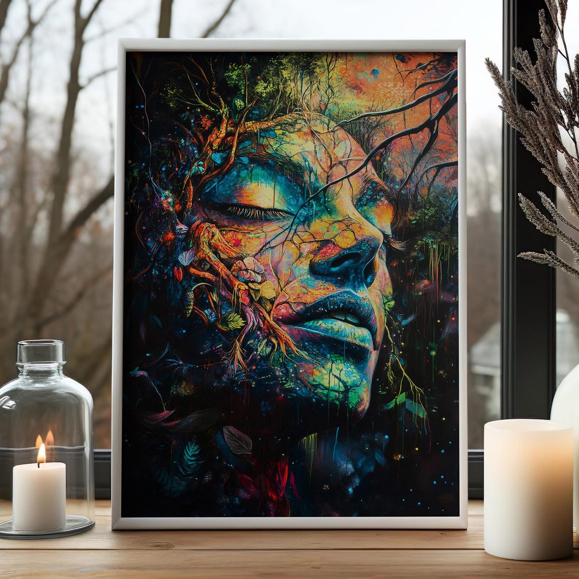 Psychedelic Forest Face Surreal Nature Spirit Mural Art Poster