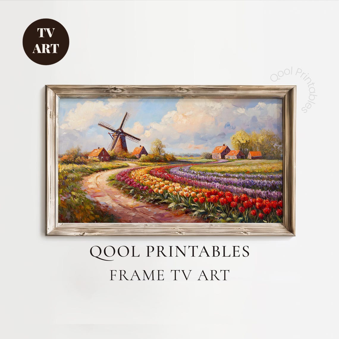 Dutch Windmill Tulip Fields Landscape Oil Painting Wall Art Decor