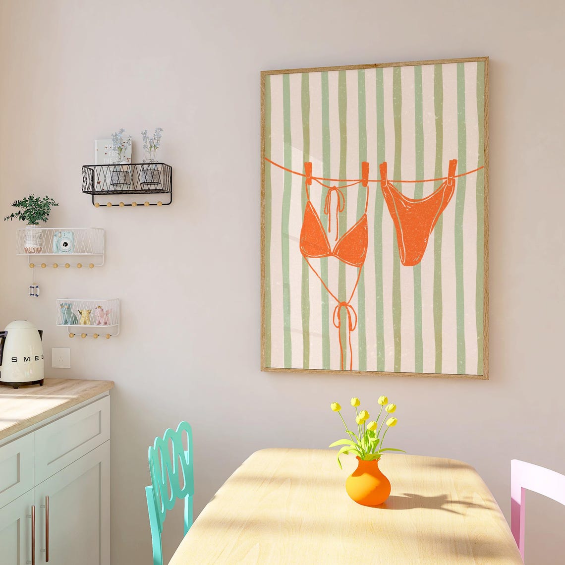 Orange Bikini On Clothesline Sage Stripe Summer Beach Poster