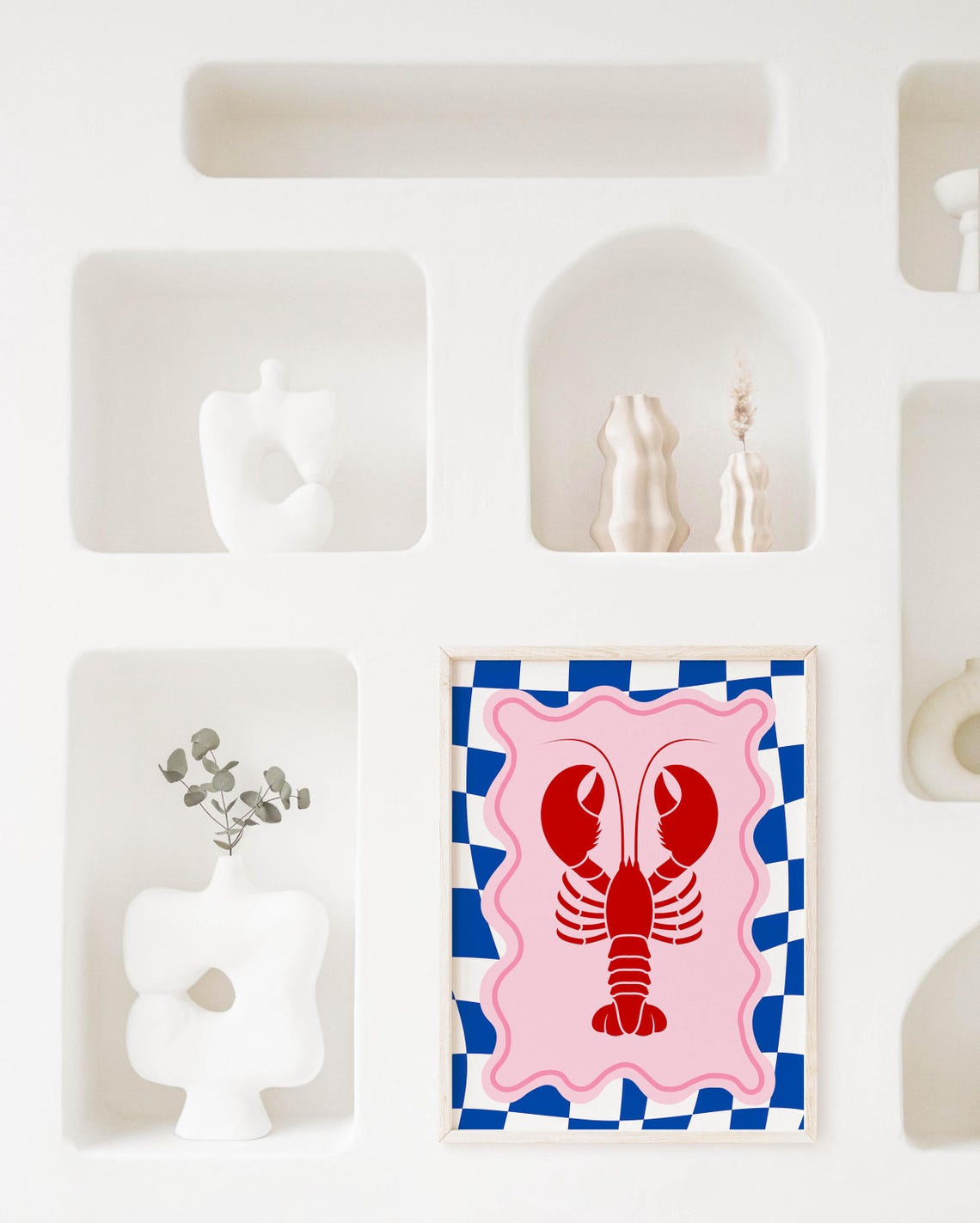 Red Lobster Pink Blue Checkered Coastal Kitchen Wall Decor Poster - Image 2