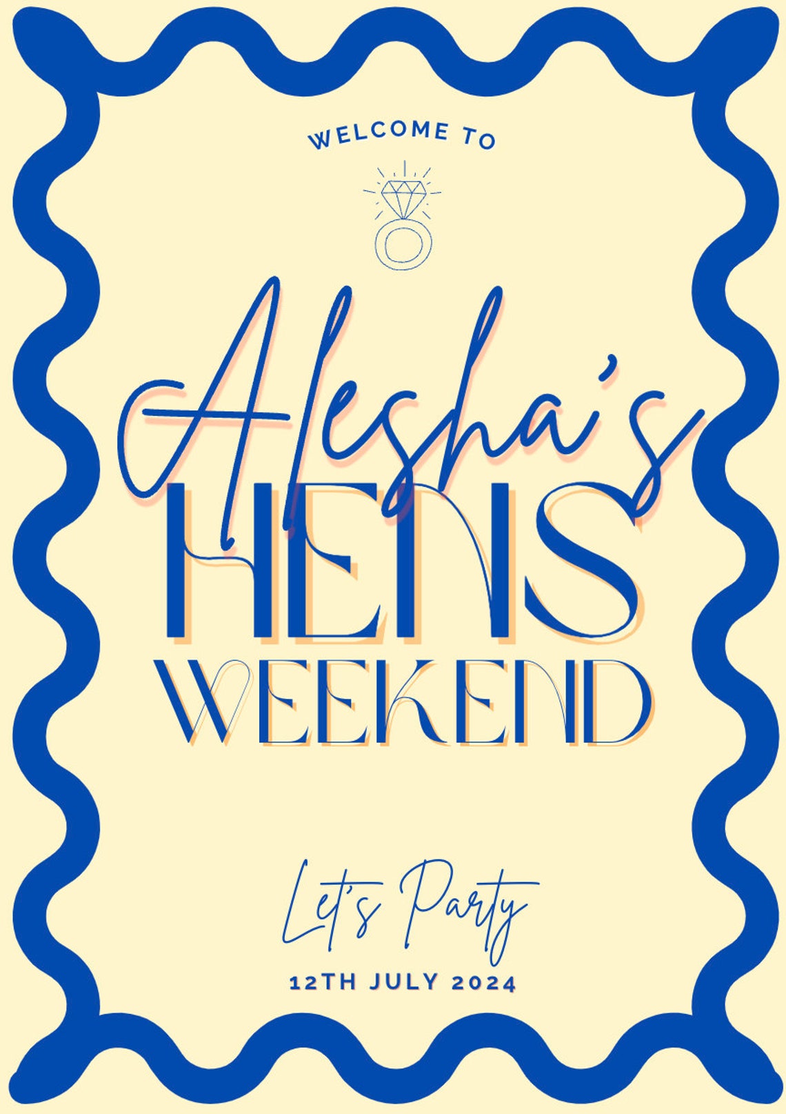 Hens Weekend Personalized Welcome Sign Blue Wavy Party Poster - Image 6