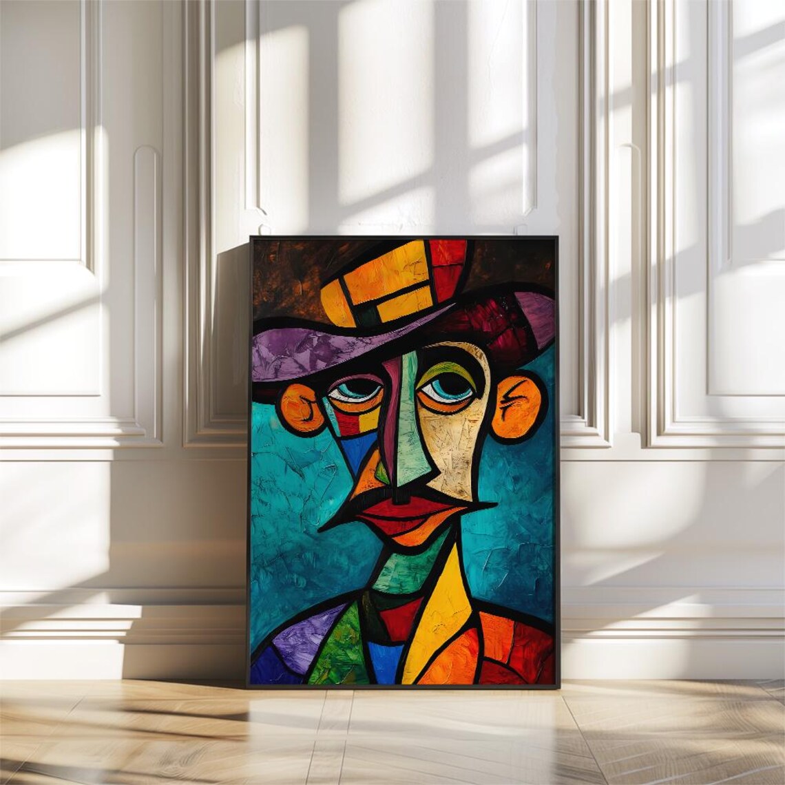 Cubist Portrait of a Man in a Hat Colorful Geometric Art Poster - Image 2