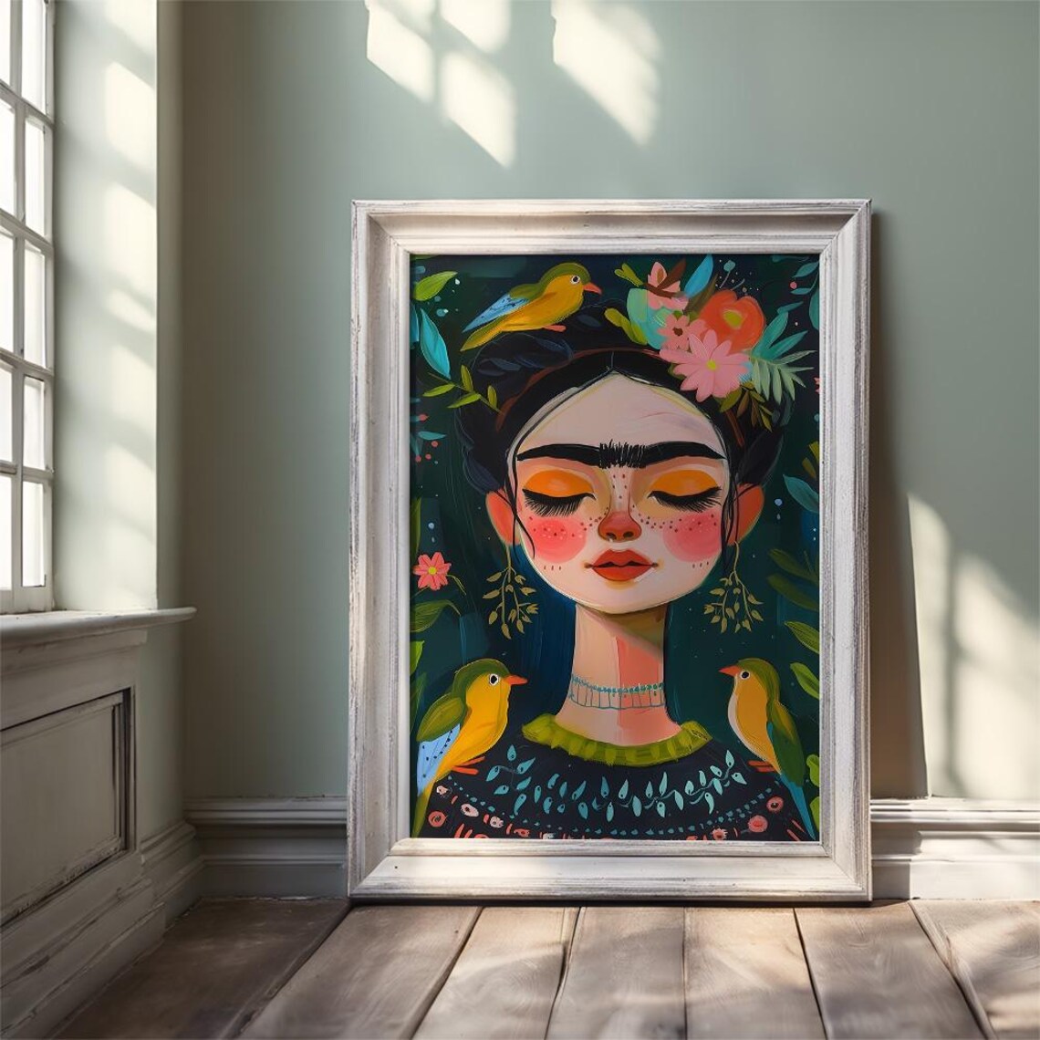Bohemian Woman with Flower Crown and Songbirds Folk Art Poster - Image 3