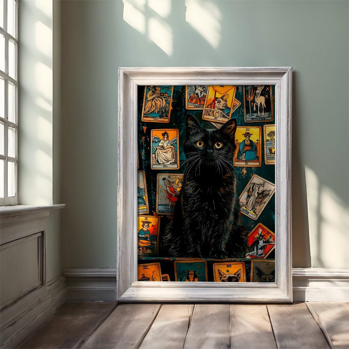 Black Cat Surrounded by Vintage Tarot Cards Mystical Feline Poster - Image 3
