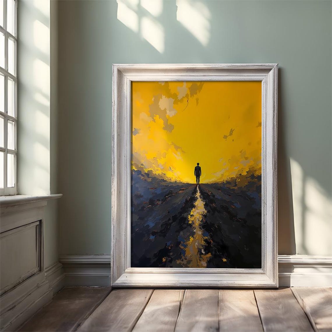 Lone Figure Walking Toward Golden Horizon Surreal Path Poster - Image 3