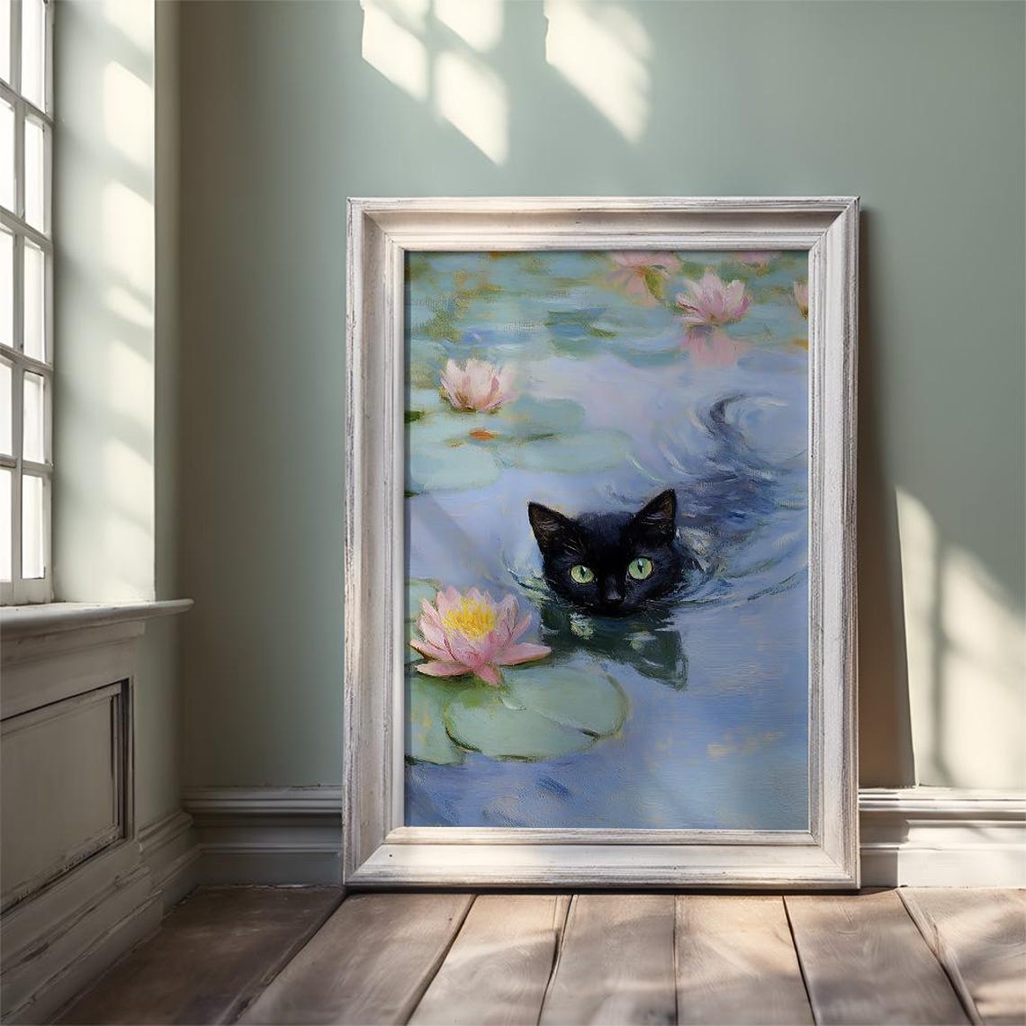 Black Cat Swimming Among Pink Water Lilies Impressionist Poster - Image 3