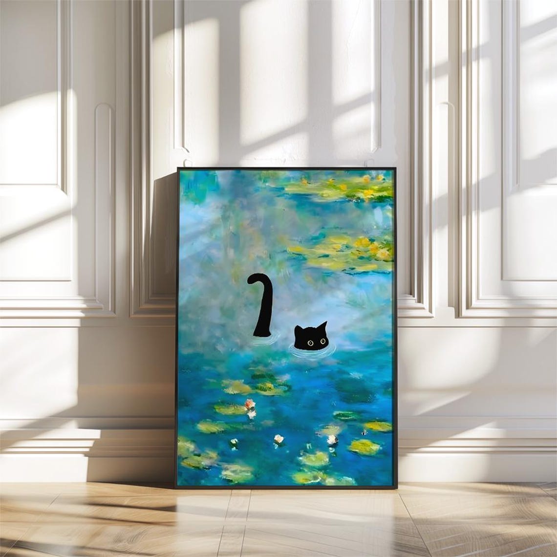 Playful Black Cat Swimming in Lily Pond Monet Style Art Poster - Image 2