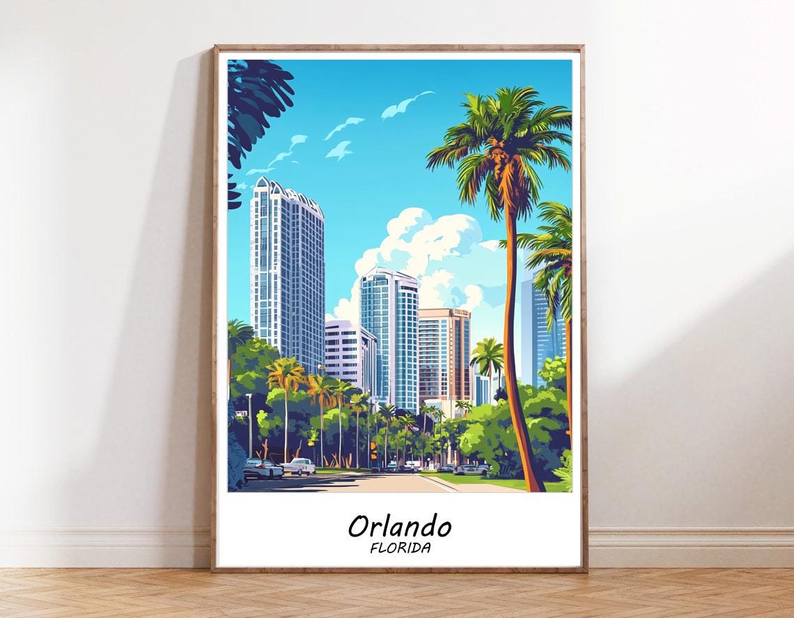 Orlando Florida Downtown Skyline Palm Trees City Travel Poster