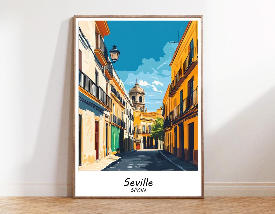 Seville Spain Old Town Street Church Tower Sunny Travel Poster