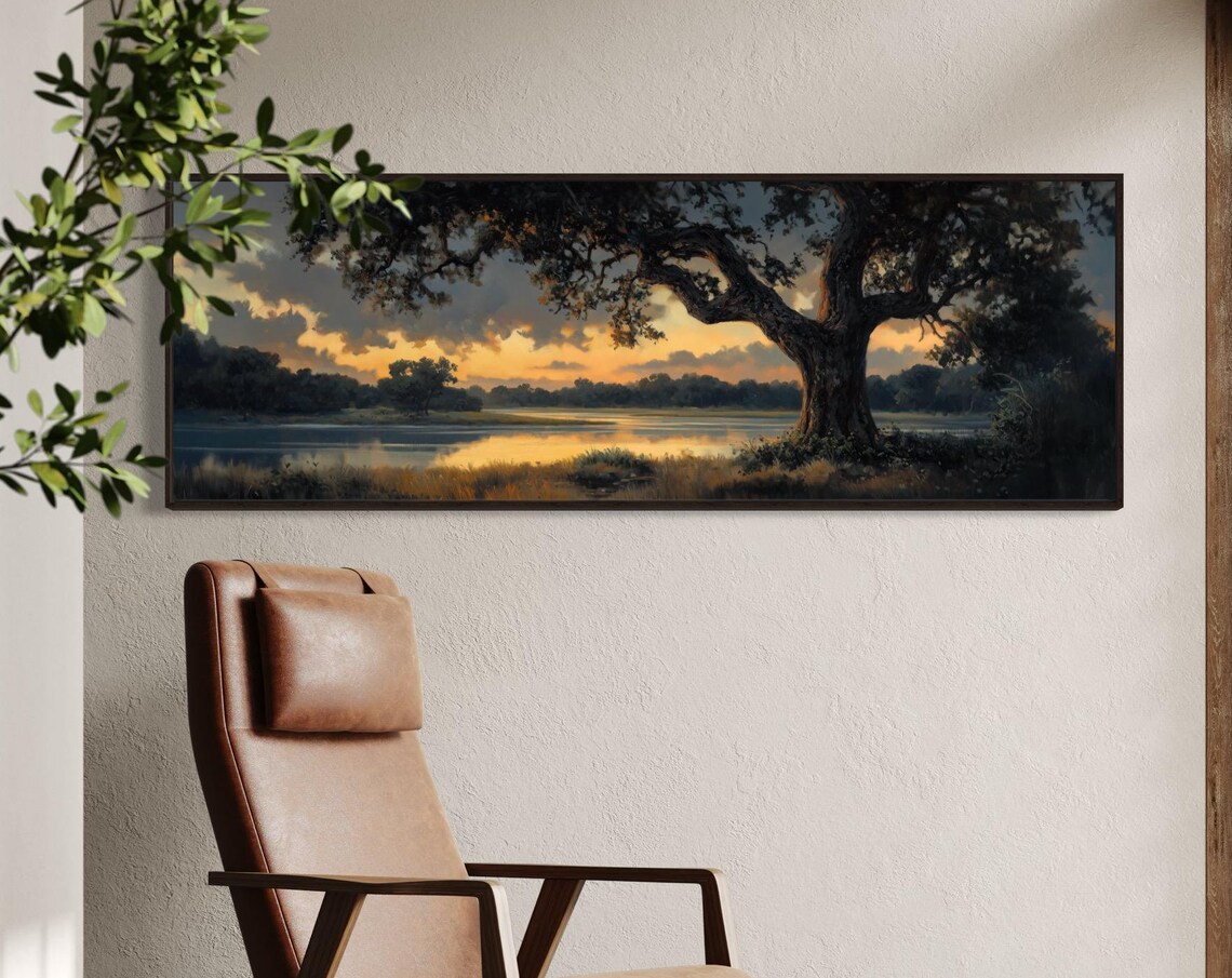 Old Oak Tree at Sunset, Moody Panoramic Art Print