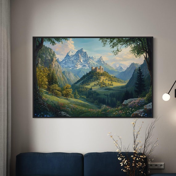 Mountain Castle Wall Art Panoramic Landscape Print With Ancient Castle Snow Capped Peaks And Countryside Charm For Timeless Room Decor