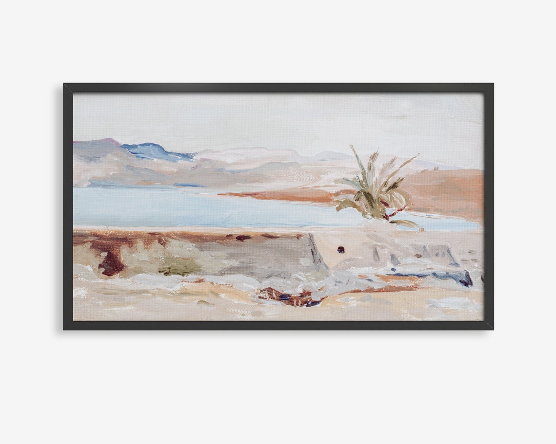 Blue Lake with Hills Watercolor Poster Palm Tree Lakeside View Art