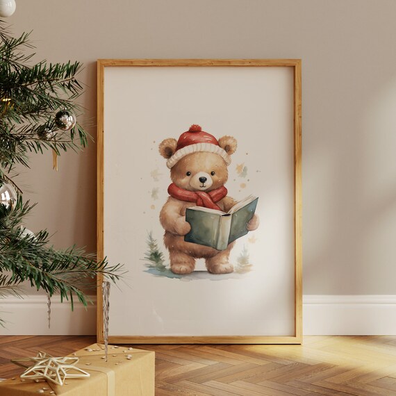 Cute Christmas Teddy Bear Reading a Book by the Tree Wall Art