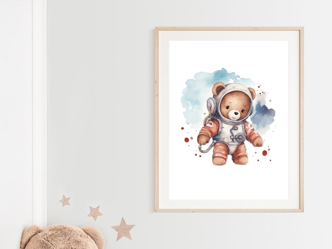 Astronaut Nursery Wall Art Boy Nursery Wall Decor Print Spacethemed Nursery Art Teddy Bear Print Outer Space Decor - Image 2