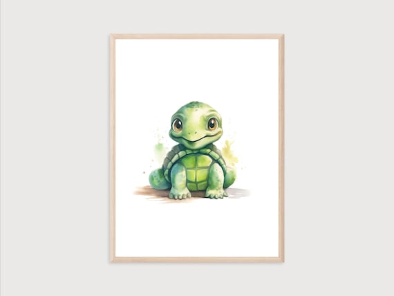 Smiling Baby Turtle Watercolor Poster for Kids Room Wall Decor Art