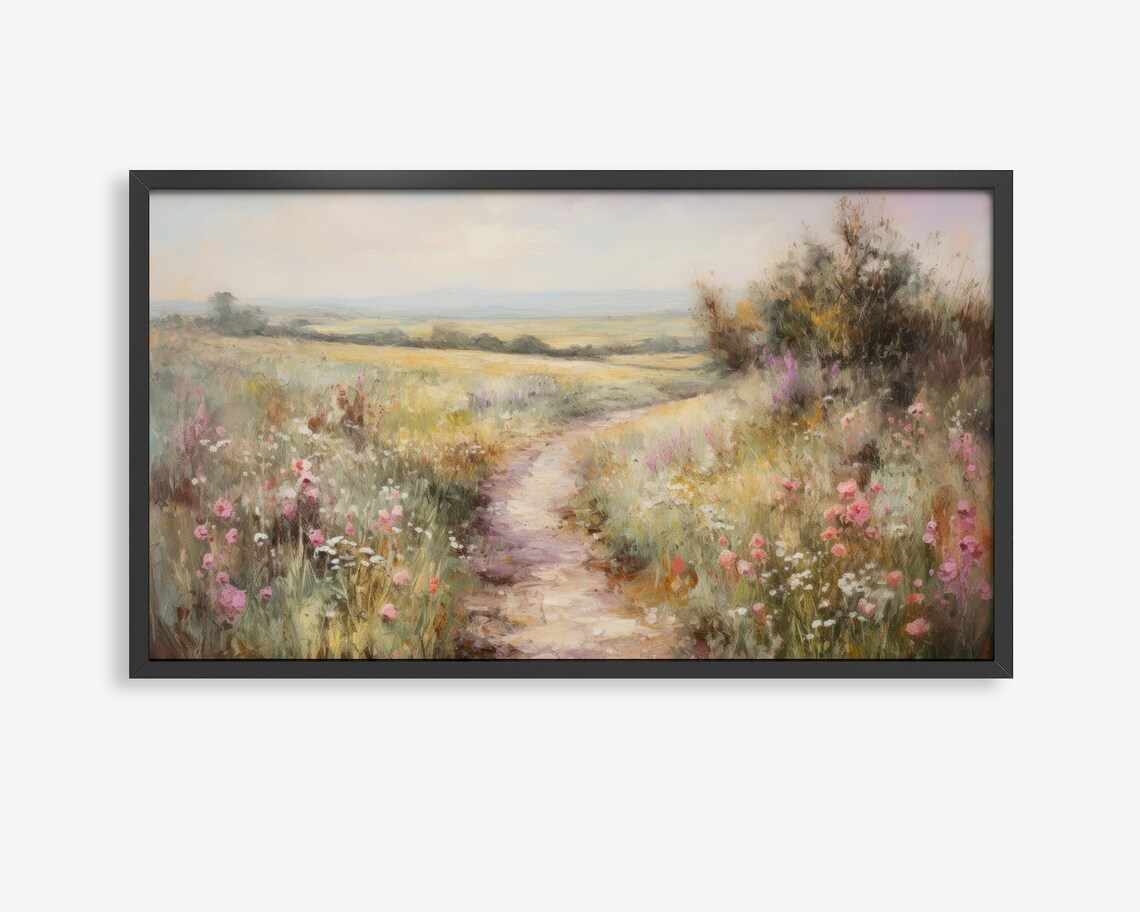 Wildflower Meadow Path Watercolor Poster Pastel Floral Landscape Art