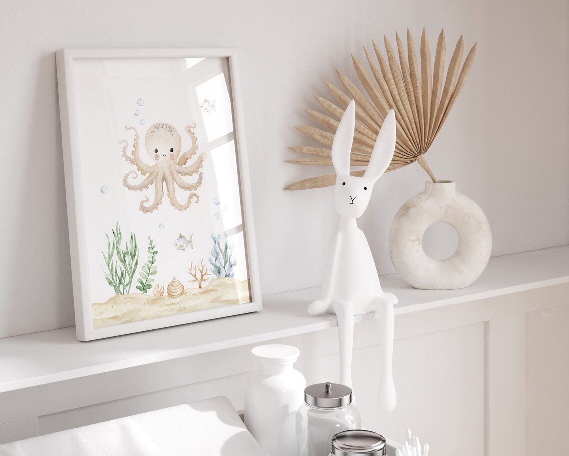 Cute Octopus Watercolor Under the Sea Nursery Wall Art for Kids Room - Image 2