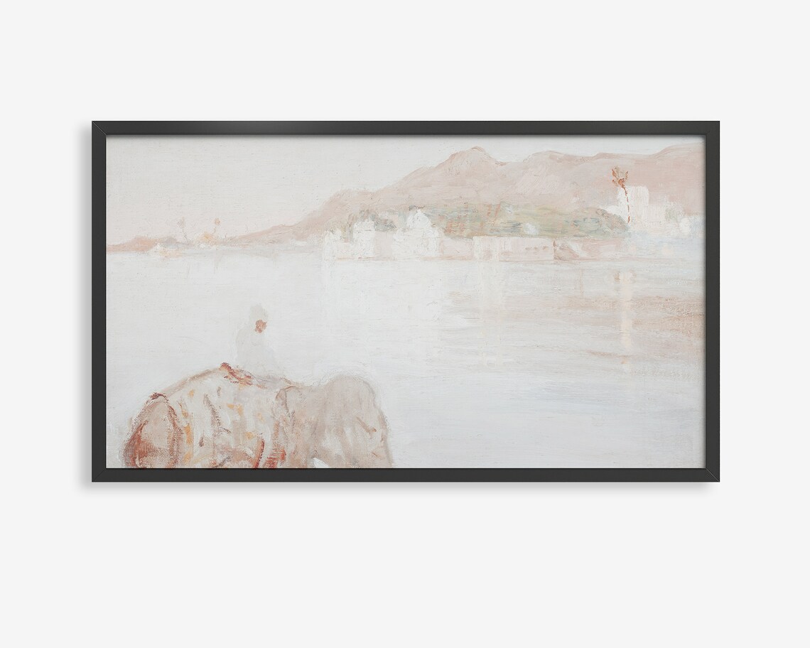 Misty Lake Palace Watercolor Poster White Villa Mountain View Art