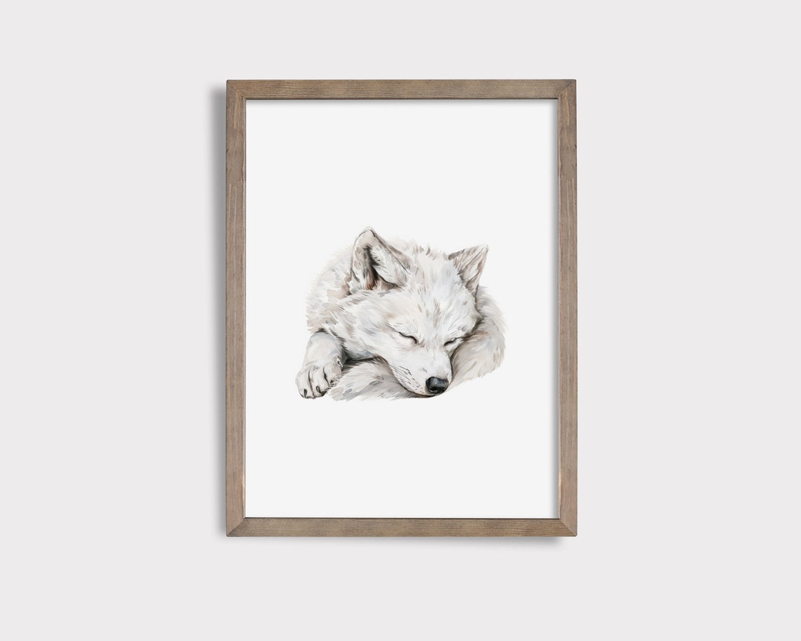 Sleeping Arctic Wolf Pup Watercolor Cute Woodland Nursery Poster