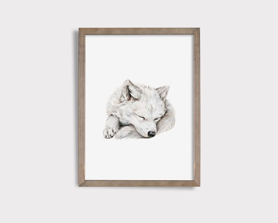Sleeping Arctic Wolf Pup Watercolor Cute Woodland Nursery Poster