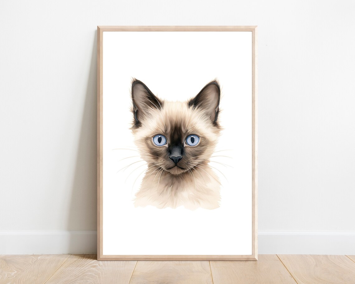 Cute Siamese Kitten With Blue Eyes Watercolor Cat Nursery Poster
