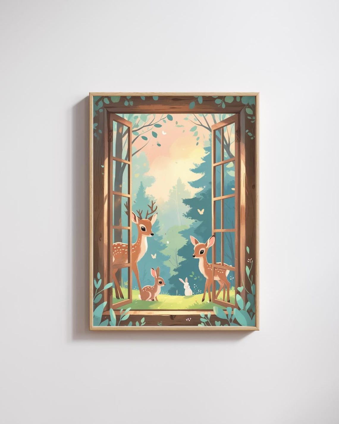 Pastel Forest Window Baby Deer Bunnies Woodland Nursery Wall Poster