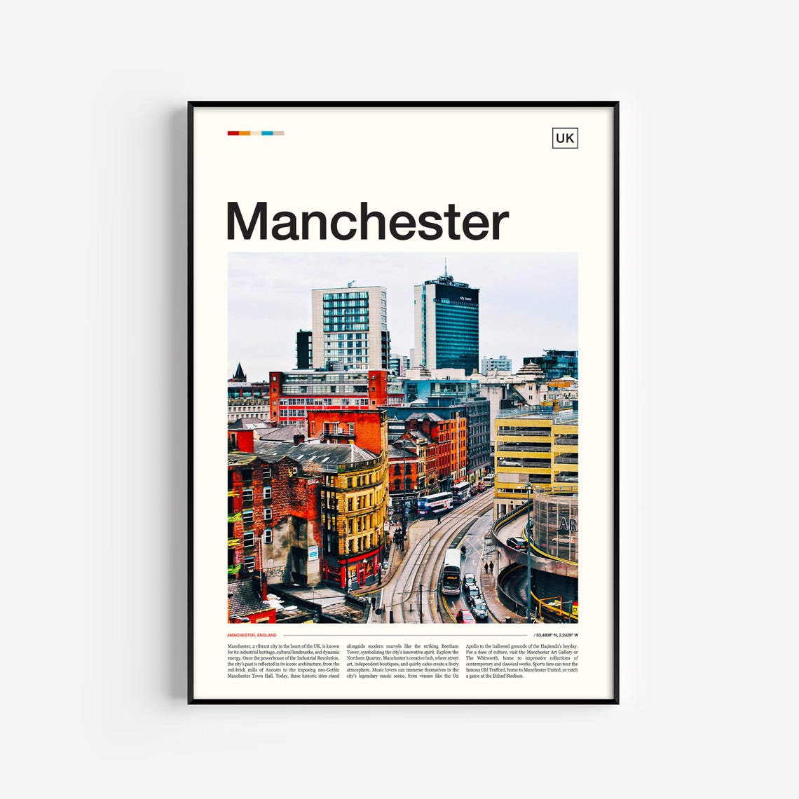 Manchester UK City Skyline With Tram Street View Travel Poster