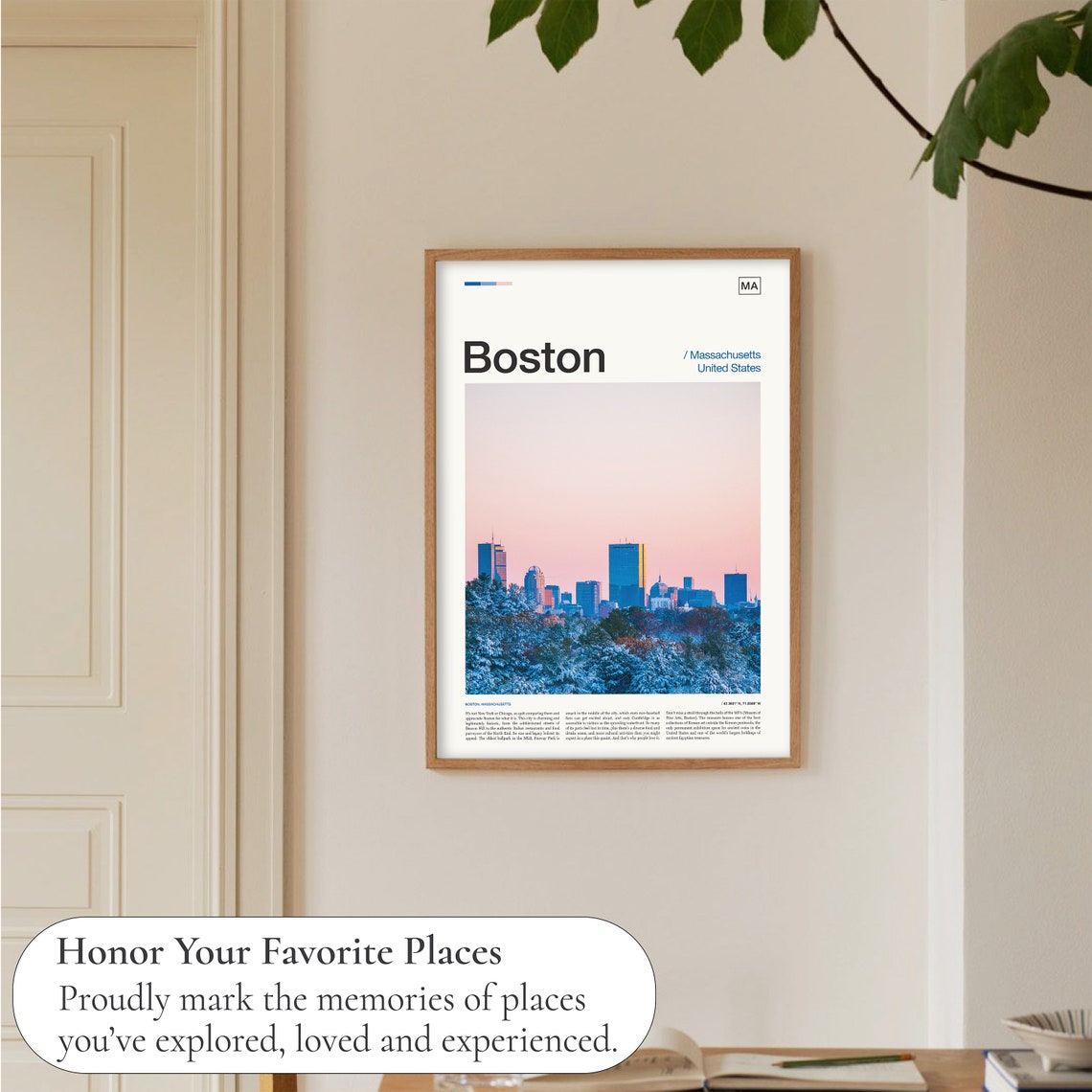Boston Massachusetts Winter Skyline Sunset Snow City Travel Poster - Image 5