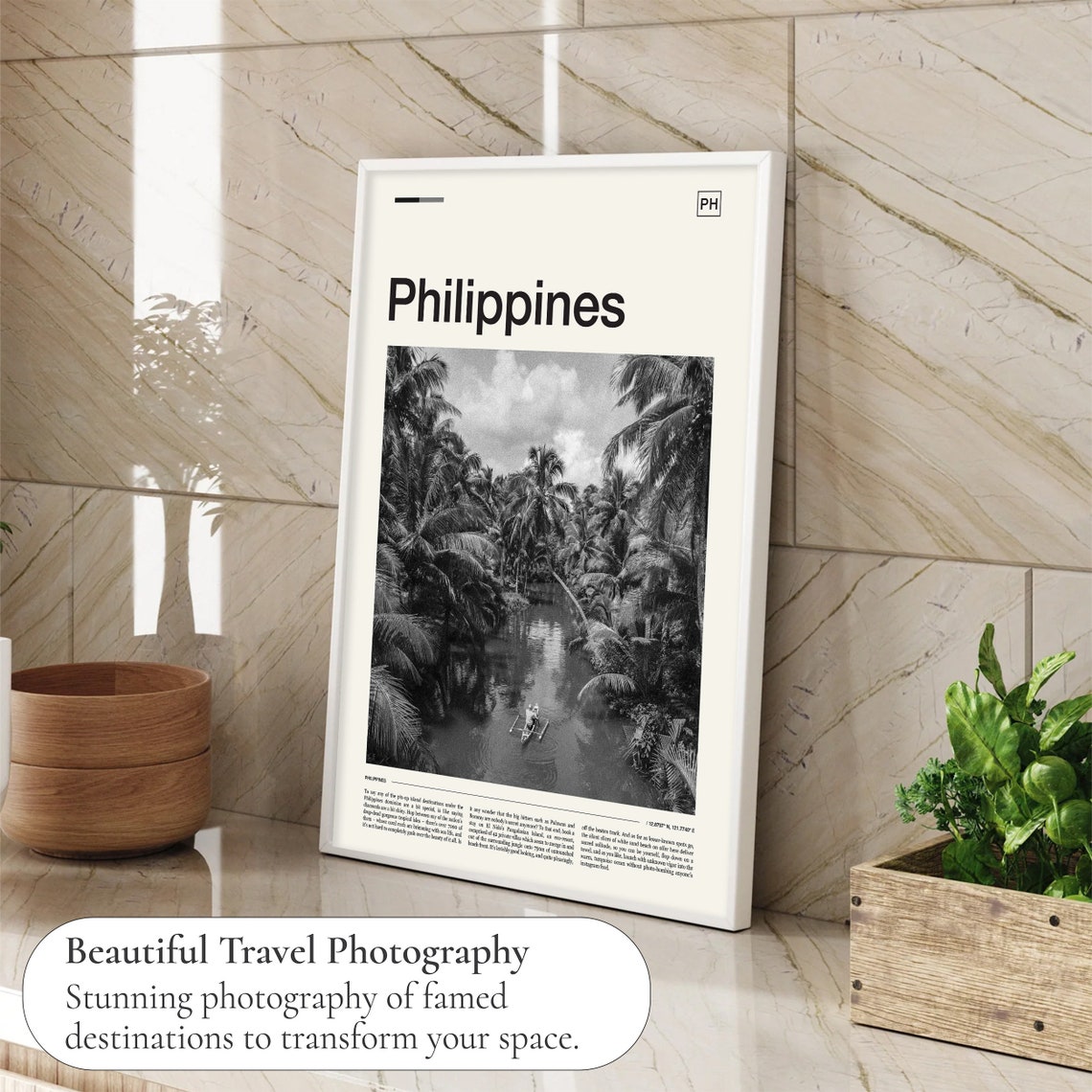 Philippines Black White Palm River Boat Tropical Scene Poster - Image 4