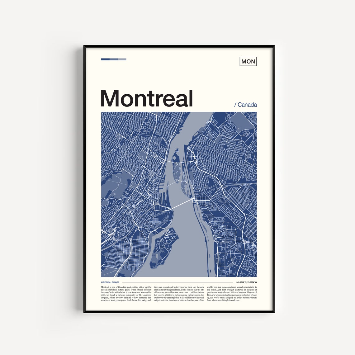 Montreal Canada Modern Blue Minimalist City Street Map Poster