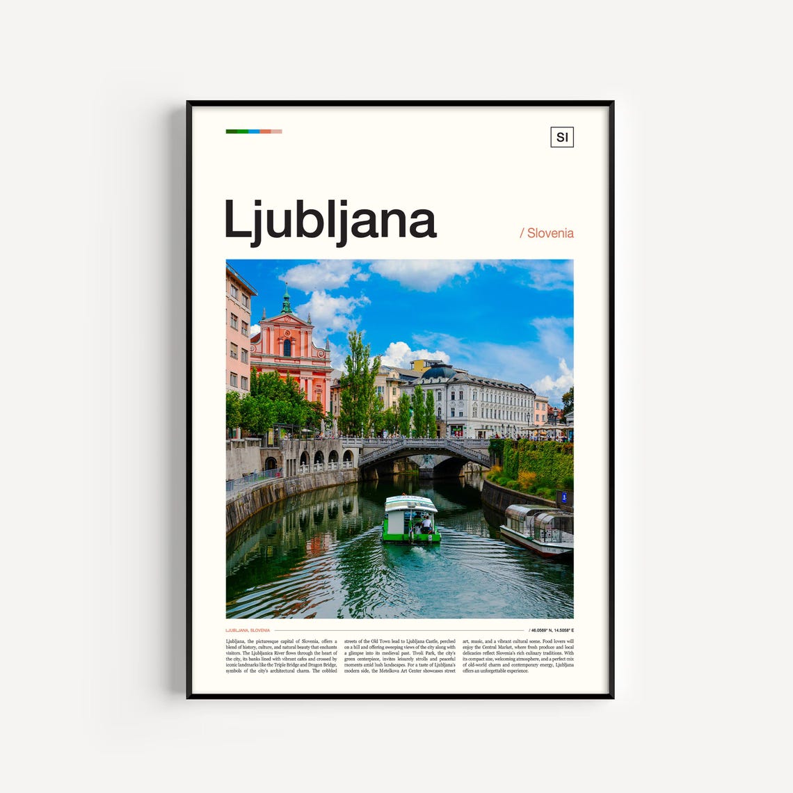 Ljubljana Slovenia River Boats Historic Bridge Travel Poster