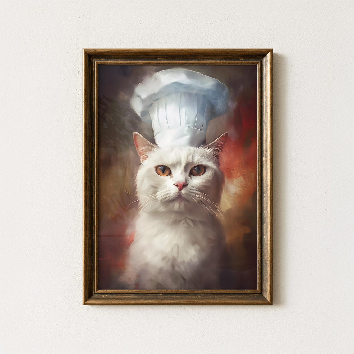 White Cat Chef Portrait Funny Kitten Kitchen Painting Wall Art