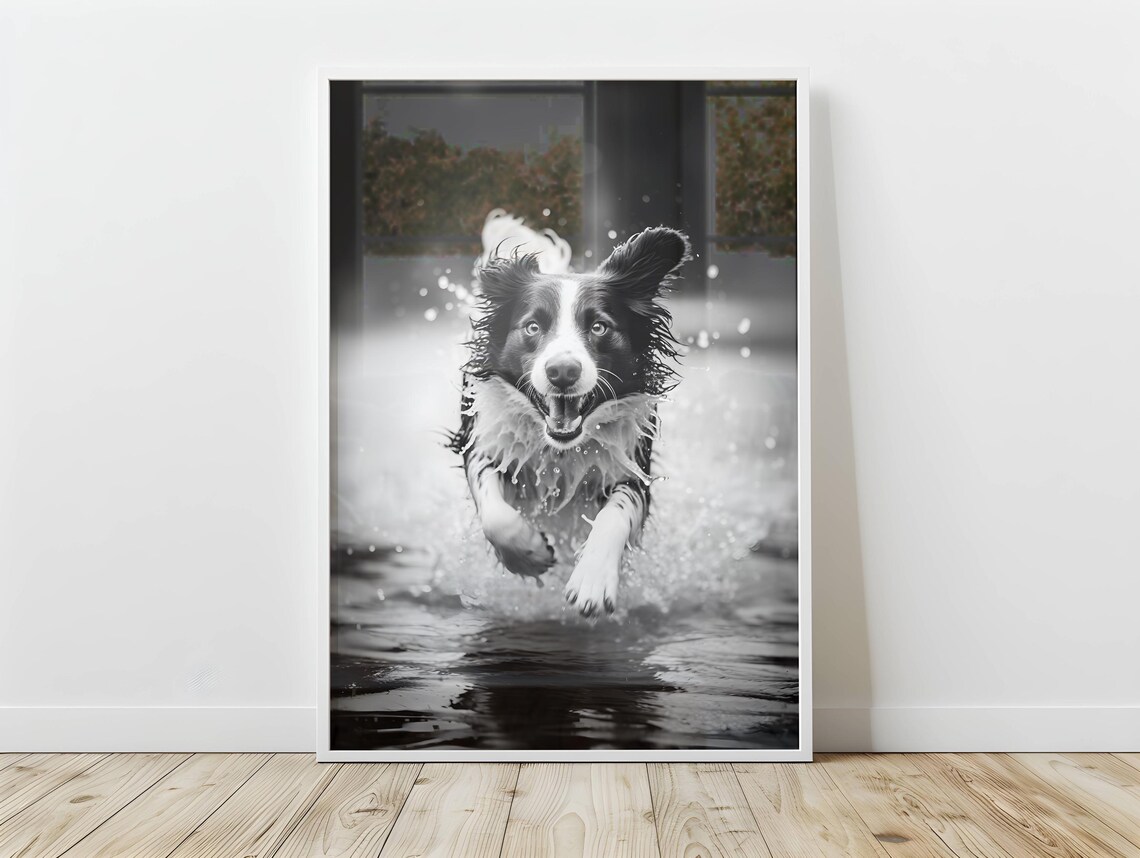 Happy Border Collie Running Water Black And White Dog Action Poster
