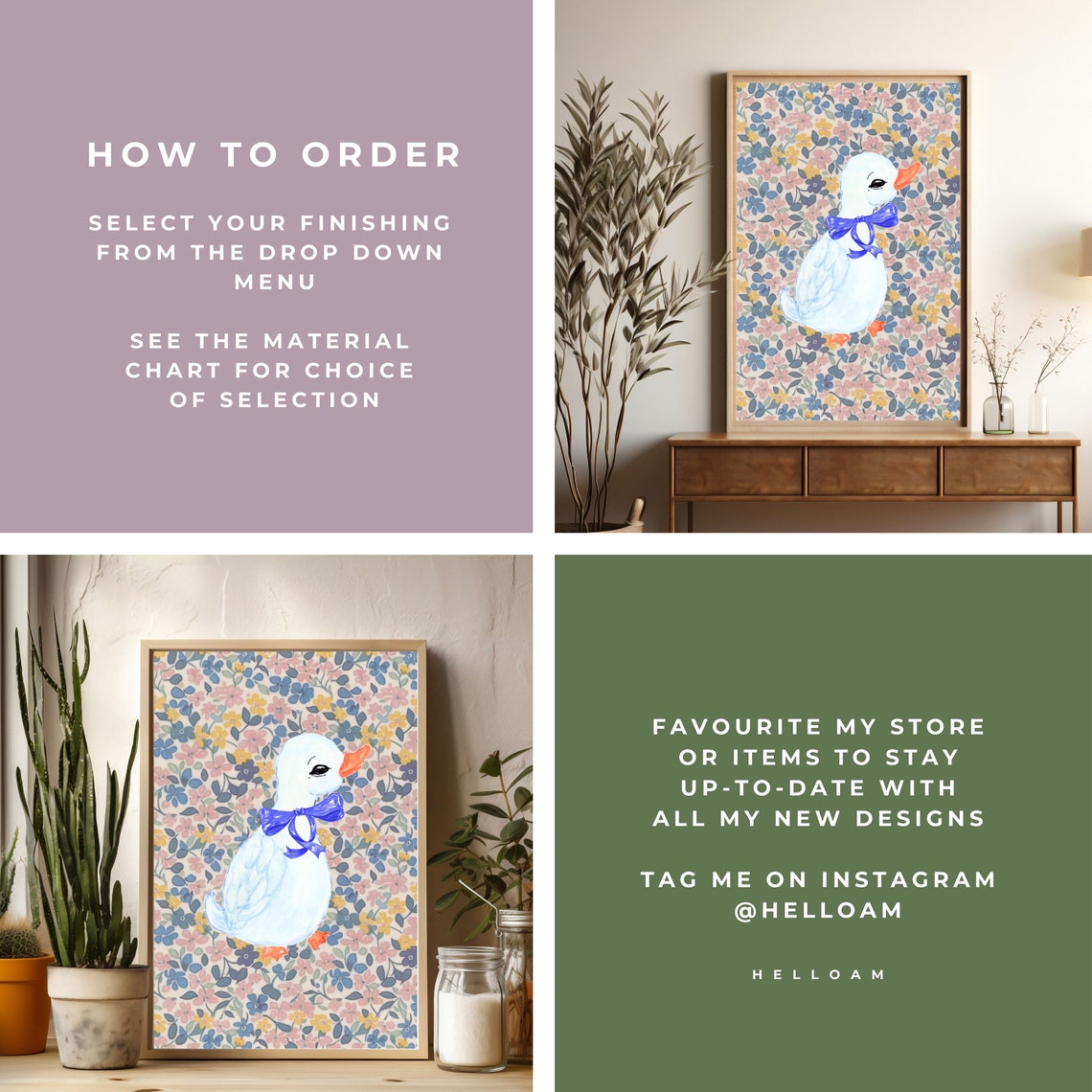 White Duck Blue Bow Floral Background Coquette Cute Nursery Wall Art - Image 3