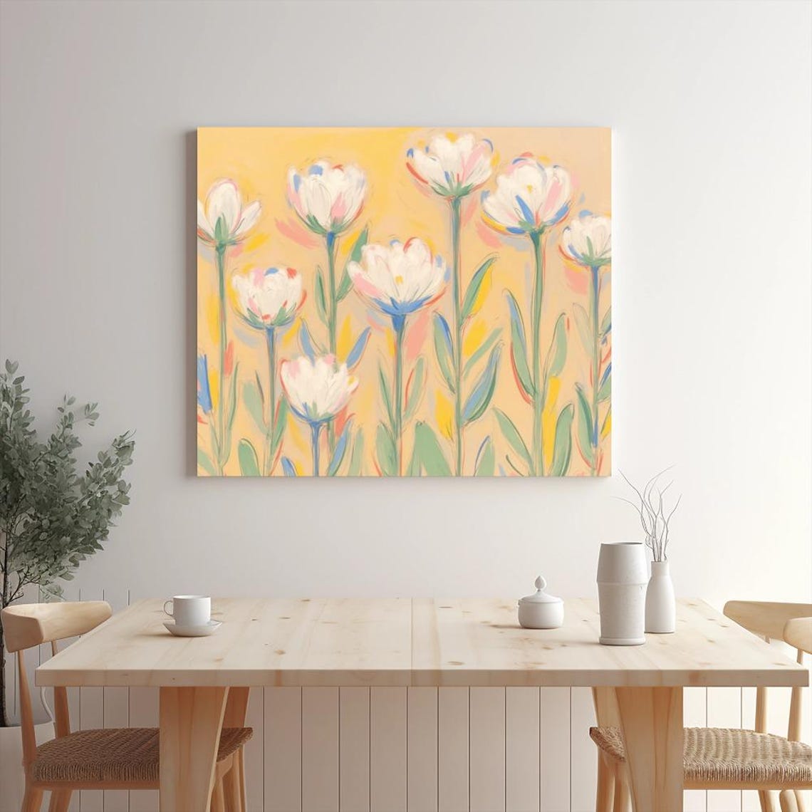 White and Pink Tulips on Pale Yellow Soft Floral Botanical Poster