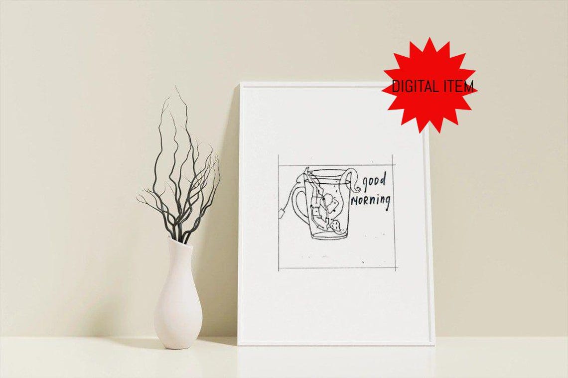 Good Morning Coffee Cup And Croissant Doodle Kitchen Art Poster