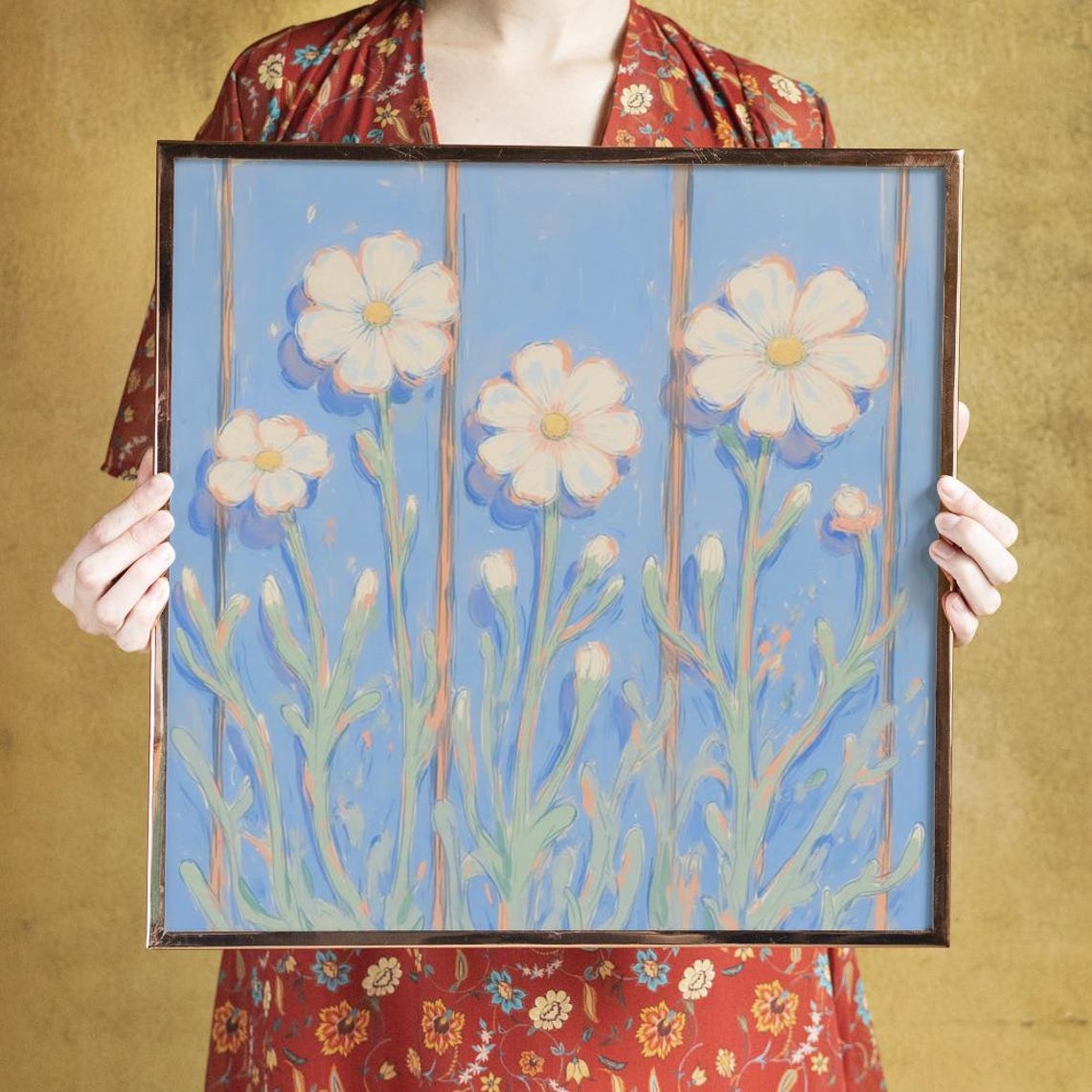 White Pink Cosmos Flowers on Blue Planks Bright Floral Poster
