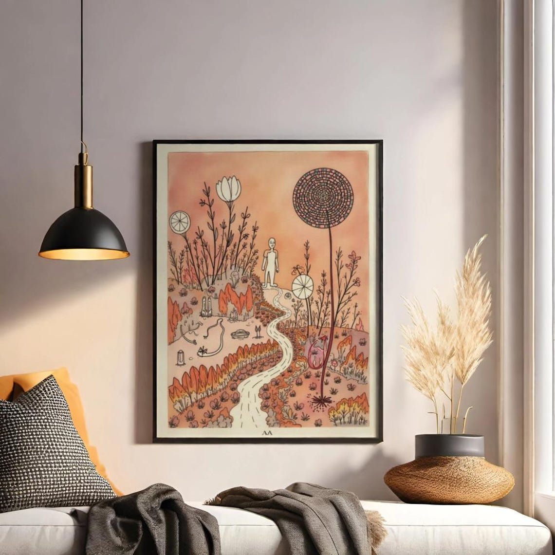 Whimsical White Figure on Winding Path With Sun Dreamy Folk Poster