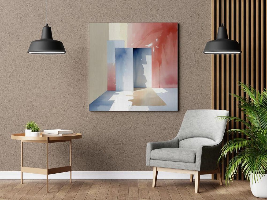 Blue Doorway Abstract Red Watercolor Wash Modern Minimalist Art Poster