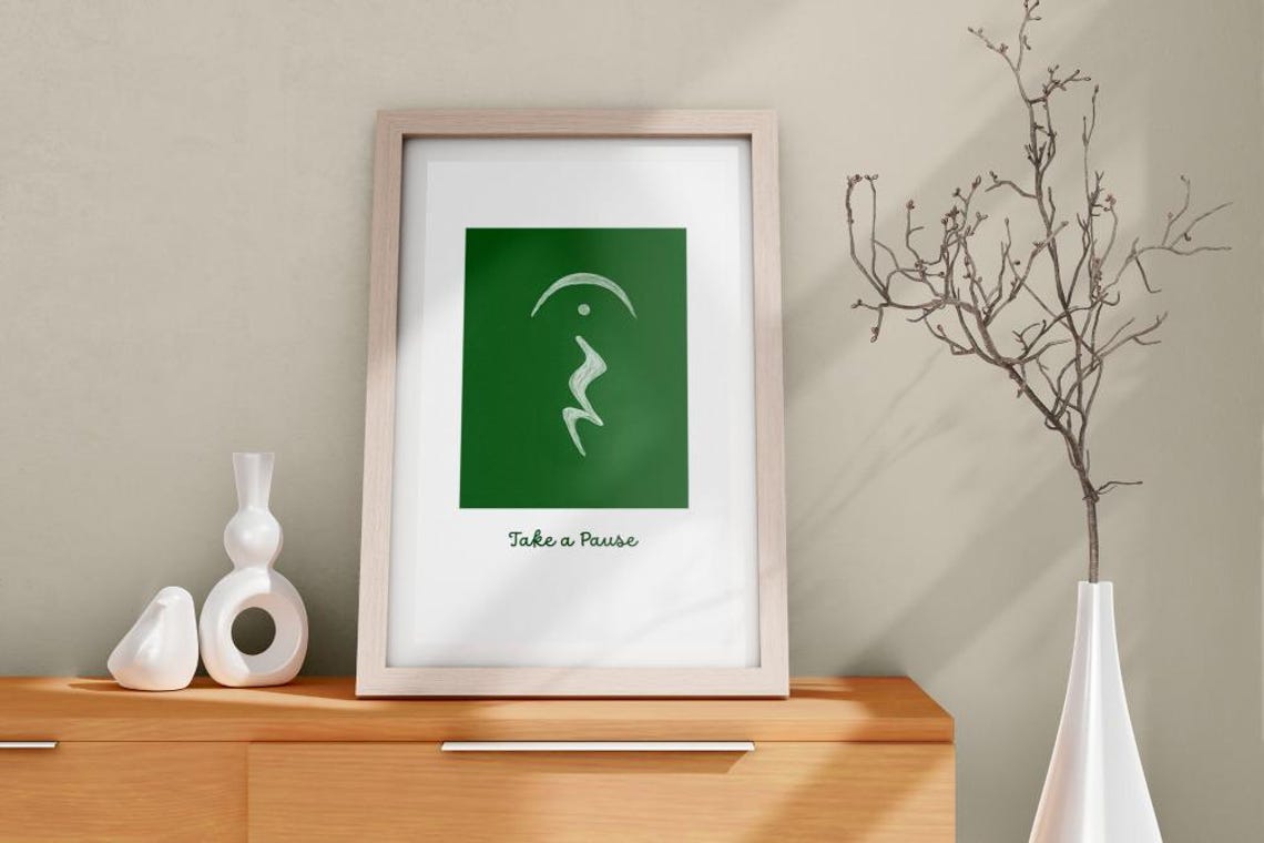 Take a Pause Green Square Minimalist Line Art Inspirational Poster